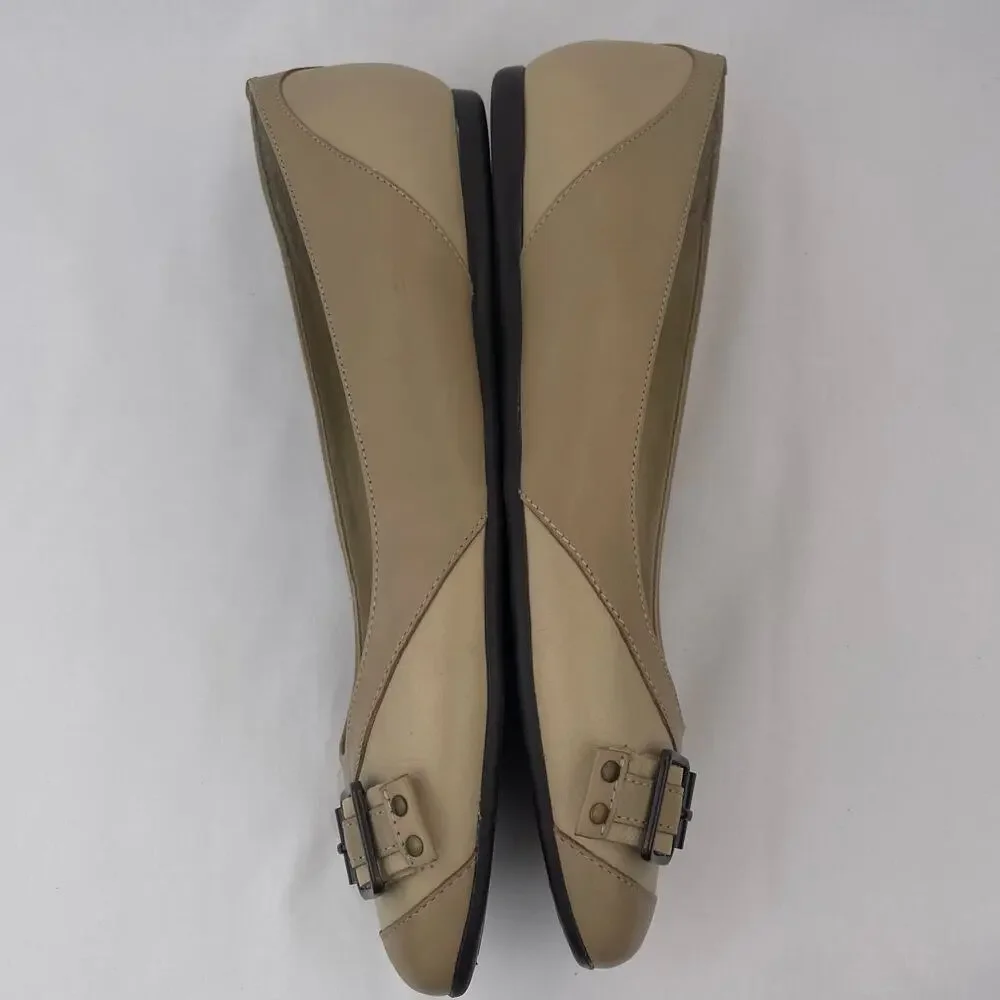 Talbots Women Tan Leather Buckle Ballet Flats Comfort Shoes Wide Width 8W